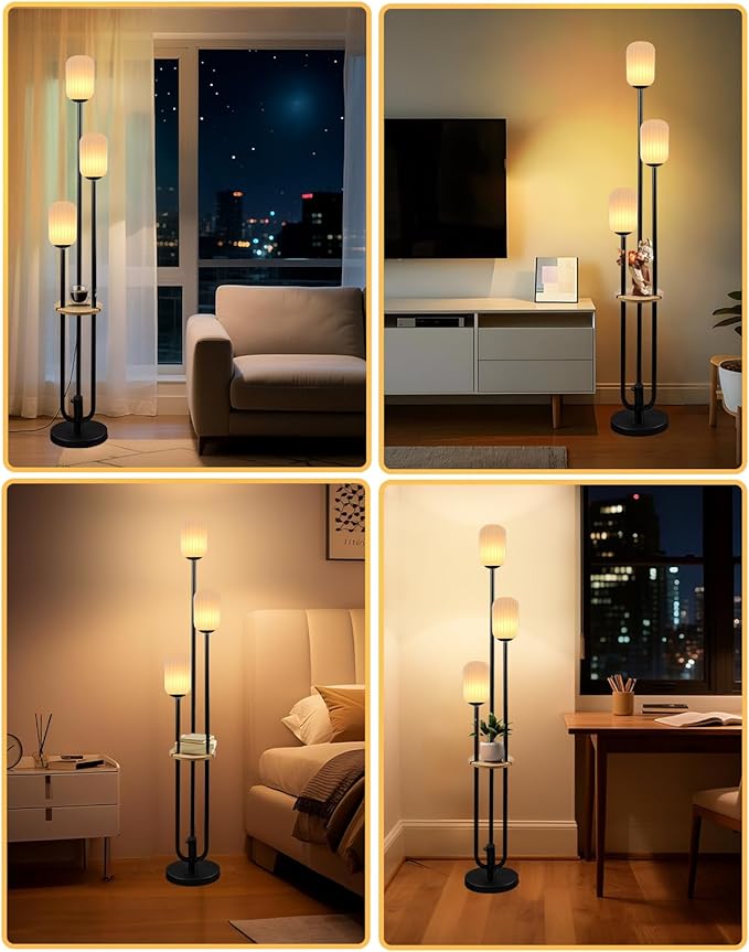 Black Dimmable Floor Lamp with Table, Modern Floor Lamps with Oval Striped Lampshade 3000K Soft Warm White 3-Lights Candle Holder Style Tall Lamp for Living Room/Bedroom
