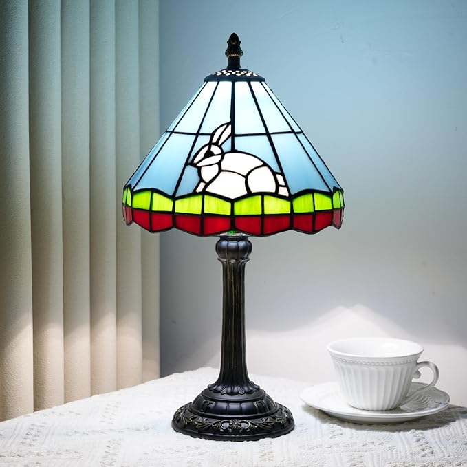 Tiffany lamp 8 inch Small Stained Glass lamp Fairy Tale White Rabbit Bedside lamp Suitable for Bedroom Dormitory Dining Room Living Room Tiffany Style Retro Home Decoration Children's Gift