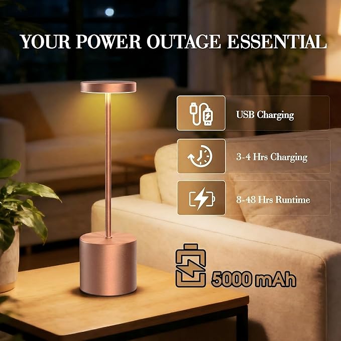 Rechargeable Table Lamp –Outdoor Touch Cordless Desk Lamps, 5000mAh Battery Operated Lamp with 3-Color Dimmable Light, Portable LED Lamp for Bedroom, Dining Room, Patio, Outdoor (Rose Gold)