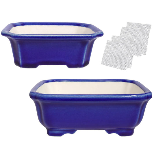 Set of 2 Zisha White Clay Bonsai Pot Glazed Shallow Succulent Planter Blue