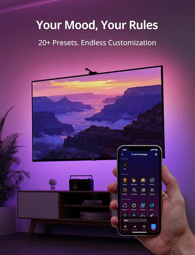 Ailofy TV LED Backlight with HD Wide-Angle Camera for 55-65 Inch TVs, Full-Screen Color Sync Lights for Gaming, Movies & Streaming, App Control, Works with Alexa & Google Assistant
