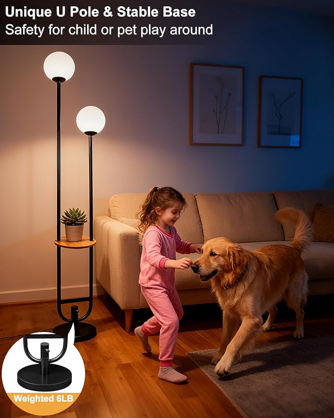 63IN 2-Globe Floor Lamp Dimmable Tall Standing Lamps with Table 3000K Warm White Unique Vintage Modern Mid Century Floor Lamp for Living Room-Black