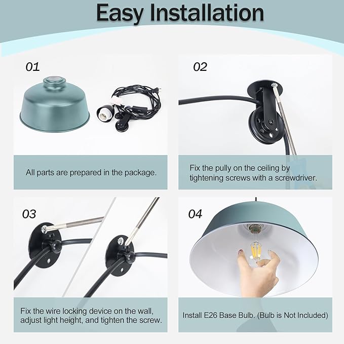 Plug in Pendant Light, Blue Farmhouse Hanging Lights with Plug in Cord, Pulley Hanging Lamp, Industrial Pendant Lights Fixture for Kitchen Island, Bedroom, Dining Room, Living Room, Office