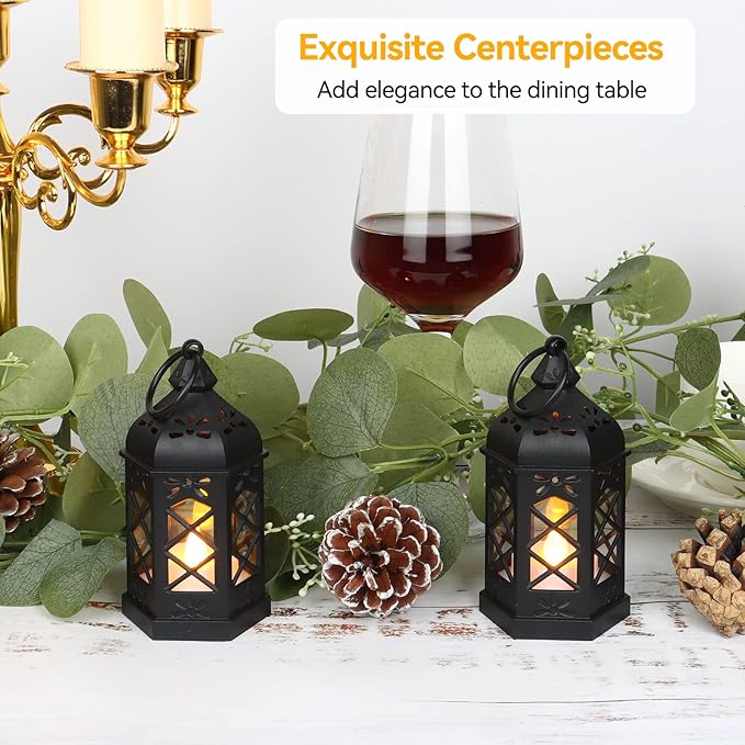 12-Pack Mini Lanterns, Small Candle Lanterns Decorative, Black Tea Light Lantern, Ramadan Eid Decor, Table Centerpiece for Wedding Halloween Christmas, Easter Decorations, Battery Included