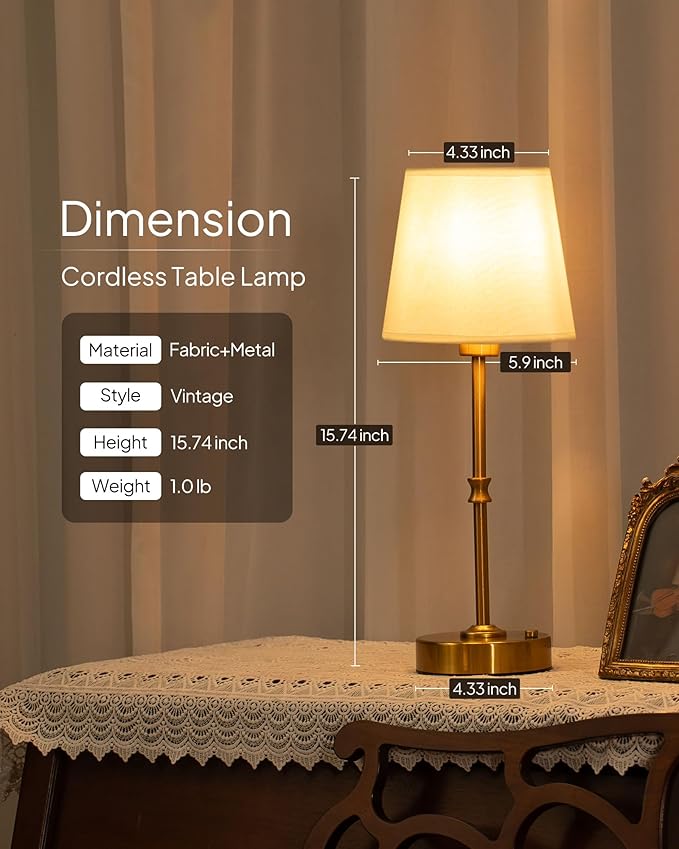EppieBasic Cordless Table Lamp Rechargeable: Fast Charging & Long Lasting - 2700K Warm Light Vintage Gold Lamps for Women Housewife - Dinning Living Room Bedroom