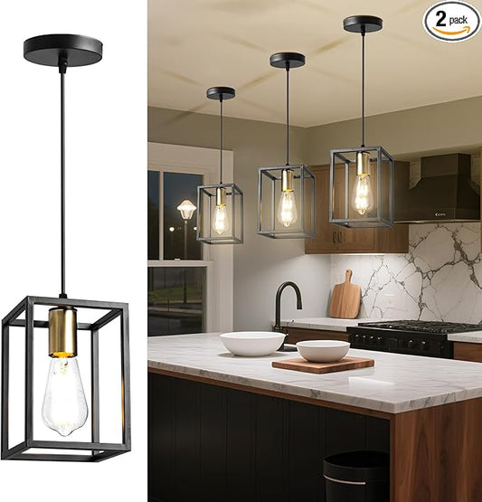 1 Pack Farmhouse Black and Gold Pendant Lights, Hanging Lamps for Living Room Entryway Foyer Indoor, Cage Lantern Kitchen Island Dining Room Light Fixture, Modern Matte Black Industrial Iron Light