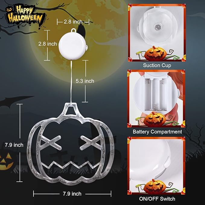 LOLStar Halloween LED Lights Decorations 2025 Orange Pumpkin White Ghost Purple Bat Window Display with Suction Cups, Battery Operated Window Decor Slow Fade Mode and Timer 3-Pack