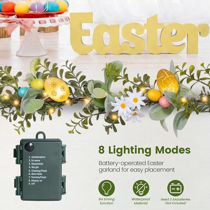 6FT Prelit Easter Garland with LED Lights & Timer, Battery Operated Easter Decorations with Daisies & Pastel Eggs, Artificial Lambs Ear Greenery for Mantle & Fireplace – Farmhouse Easter Egg Garland