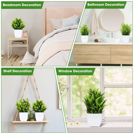 Unittype 12 Pcs Fake Plants Small Artificial Faux Plants for Shelf Mini Plastic Potted Greenery for Home Office Desk Bathroom Bedroom Indoor Decor(White Pot,Green)