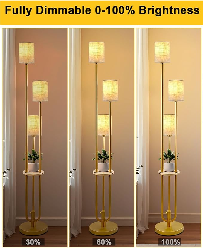 Lightdot 64Inch Floor Lamp with Table Dimmable Gold Floor Lamp for Living Room 3 Lights Mid Century Modern Tall Standing Lamp with Fabric Shade for Bedroom/Sofa Beside/Corner Decor(Bulbs Included)