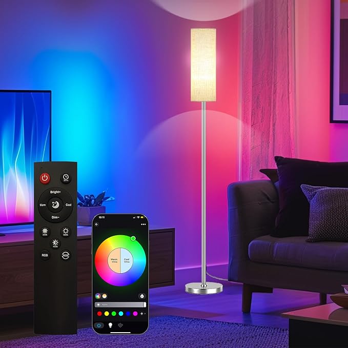 Smart LED Floor Lamp with APP Control & RGB Colors - Dimmable Standing Lamp for Living Room, Bedroom, Gaming - Remote, Timer, 9W Bulb Included, 67" Modern Tall Lamp (Silver Beige)