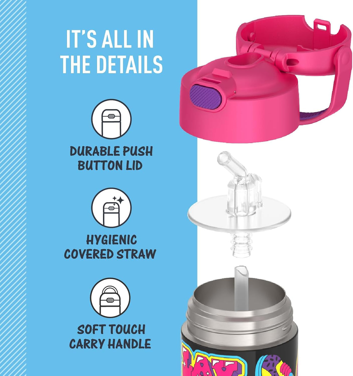 THERMOS FUNTAINER 12 Ounce Stainless Steel Kids Straw Bottle - Vacuum Insulated Design