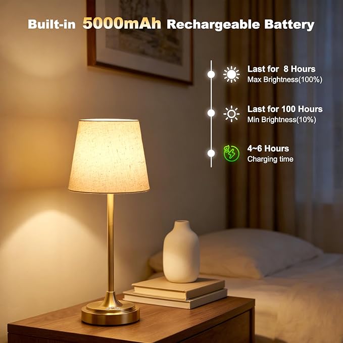 Cordless Table Lamp Rechargeable,5000mAh Battery Operated Desk Lamp,3 Colors & 7 RGB Stepless Dimmable,Touch Control Ambient Light for Bedside,Bedroom,Dining Room,Living Room,Gold,FlaxenShade