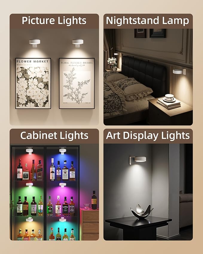 EZVALO Picture Lights for Wall, 2000mAh Rechargeable Battery Magnetic Poster Lights with 3 Color Temps & 12 RGB, Remote Dimmable Timer Painting Light, Wall Decor Light for Art Display, Frame (6 Pack)