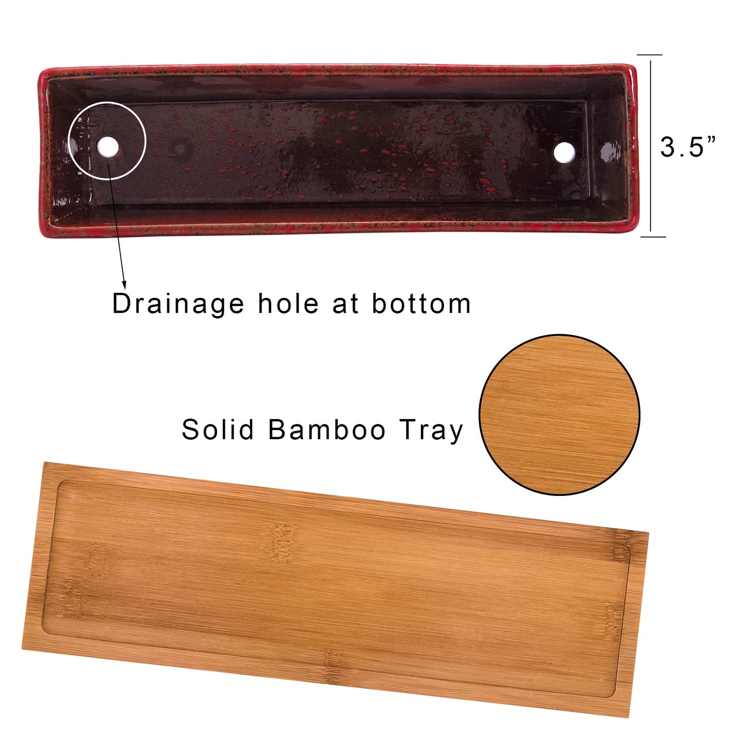 Succulent Pots - Large Succulent Planter Pots with Drainage, 12 Inch Long Rectangle Bonsai Pot with Bamboo Tray Shallow Ceramic Cactus Flower Planter Window Box for Home Garden Decor (Red)