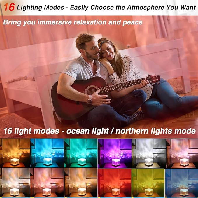 Ocean Lamp Water Light Projector - Water Ripple Projector Light Cube Aurora Northern Lights Wave Ripple Night Light for Bedroom (16 Colors)