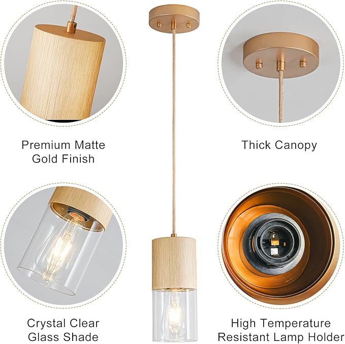 Gold Pendant Light Fixtures, Adjustable Modern Pendant Lights for Kitchen Island, Industrial Clear Glass Pendant Lights for Dining Table Hallway Bedroom Living Room,1 Pack