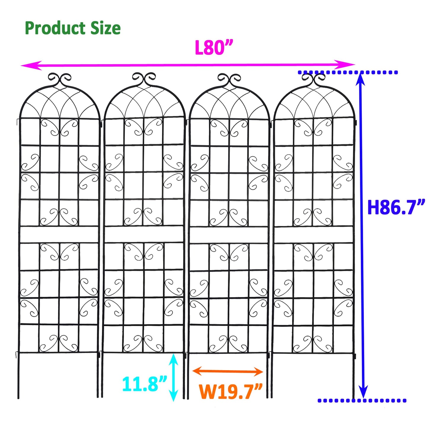 Sybrioka 4 Pack Metal Garden Trellis 86.7" H Garden Fence Rustproof Trellis for Climbing Plants Support Roses Flower Outdoor Lawn Black