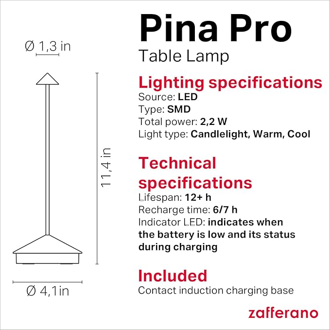 Zafferano, Pina Pro Lamp with Glossy Gold Finish, Rechargeable Cordless Table Lamp with Touch Controls, Usable as an Indoor Lamp, Dimmer, 2200-3000 K, Height 11.4 Inches
