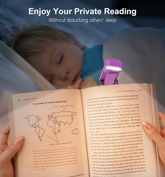 Gritin Reading Light, Rechargeable Book Light for Reading in Bed - Eye Caring 3 Color Temperatures, 5-Level Dimmable Brightness, Long Lasting, Compact Size Clip on Book Lamp for Bookworms-Dark Purple
