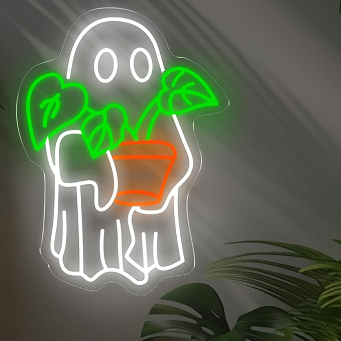 Ghost Holding Plant Neon Sign – LED Wall Light Featuring a Cute Spirit with Green Potted Plant, USB Powered Light for Bedroom, Plant Corner, or Halloween Decor 16.5″ × 12.2″