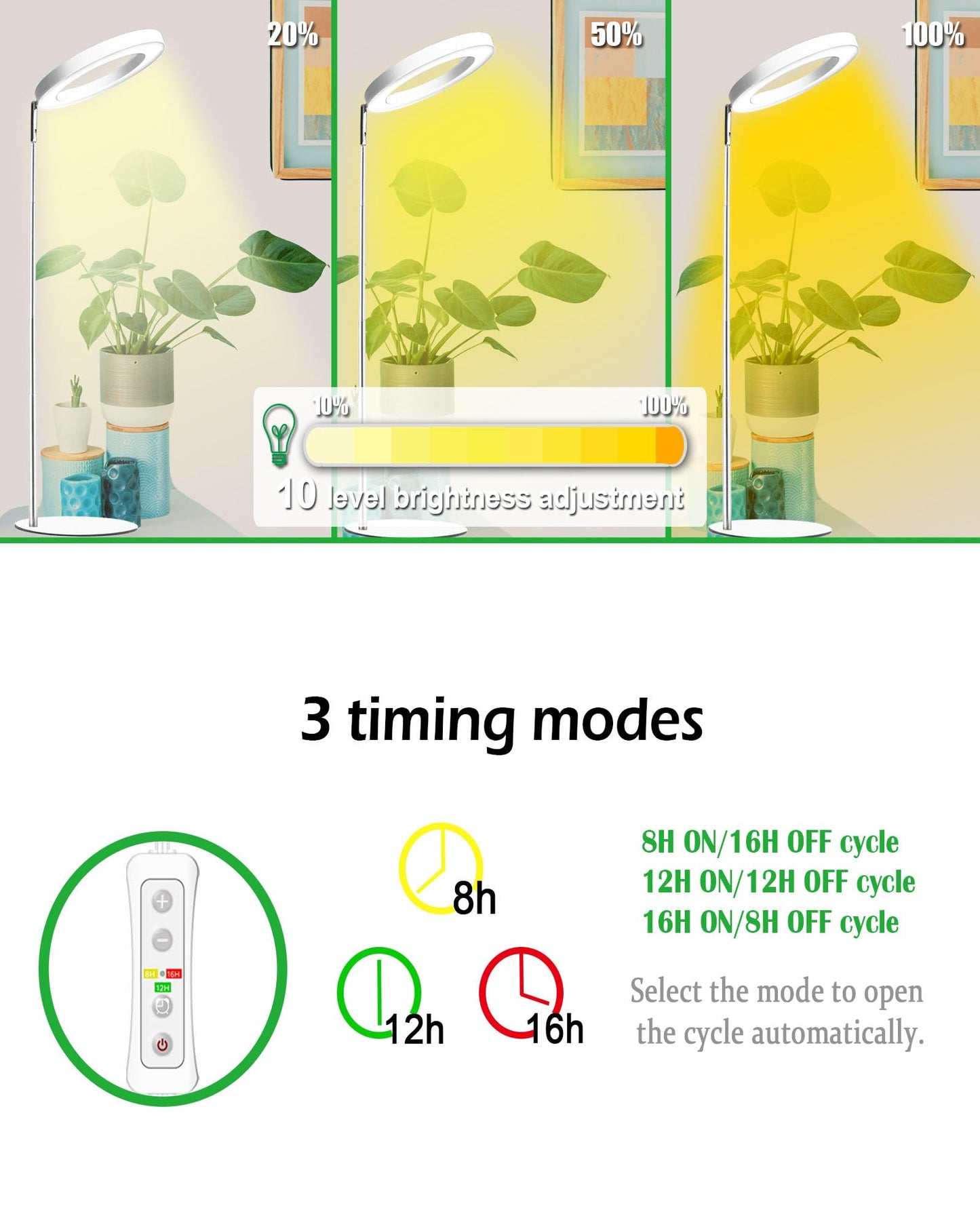 Yadoker 144 LEDs Full Spectrum Plant Grow Light for Indoor Plants，Height Adjustable, 6.3" Aluminum Housing,Automatic Timer with 8/12/16 Hours,10-Level Brightness,White Plant Light,2Pack