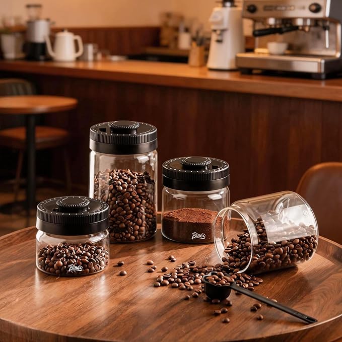 Bincoo Vacuum Sealed Coffee Canister with Time Tracker - Airtight Food Storage Container, Manual Pump Preserves Freshness for Coffee Beans, Nuts, Dry Goods, Glass Jar with Date Dial (0.4L)
