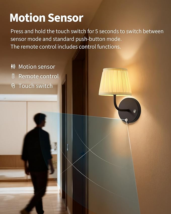 PUSU Motion Sensor Black H9.6 inch Small Wall Sconces Set of 2, LED Cordless Rechargeable 5200mAh Battery Operated Fabric Wall Lamps with Remote, Lighting for Living Room, Bedroom, Hallway, Stairs