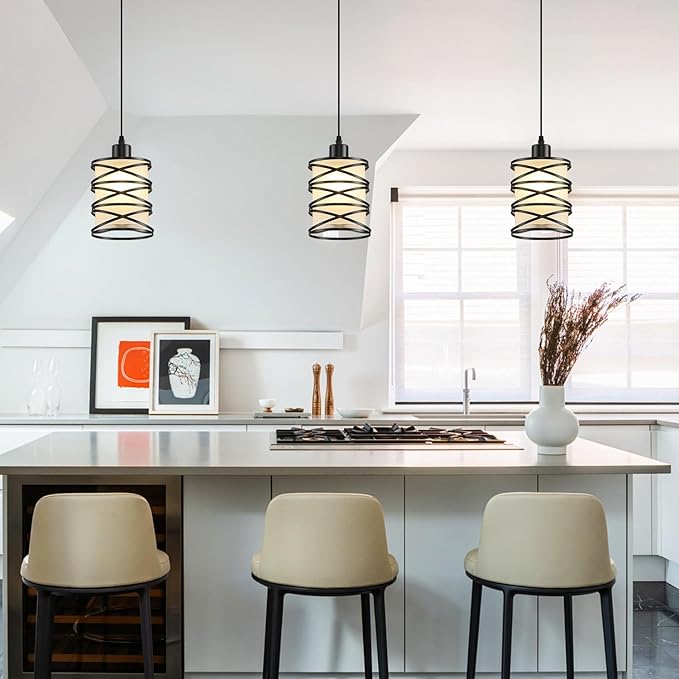2 Pack Pendant Light Kitchen Island Pendant Lighting, Hanging Light with Spiral Cage Frosted Glass Shade, Black Modern Indoor Hanging Lamp