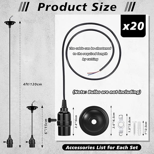 Retisee 20 Pack Hanging Pendant Light Cord Kit Bulk E27 Base 4ft Adjustable Hanging Heavy Duty Industrial Edison Bulb Lamp Swag Light Kit for Kitchen Dining Room Terraces (with Control Knob)