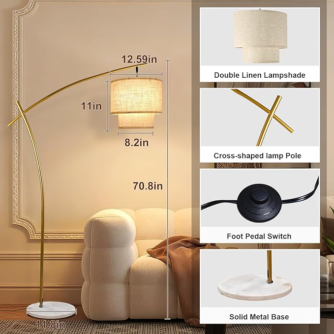 Lightdot Arc Floor Lamp for Living Room, Modern Standing Tall Lamps with Double Linen Shade, Tall Hanging Pole Lamp with Stable Base & Bulb Included for Bedroom/Sofa Beside/Corner Decor-Gold