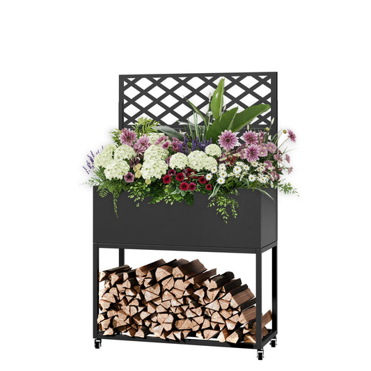 Diyfire Metal Planter Box with Trellis, 55"x35"x16"Metal Raised Garden Bed with Drainage Holes, Raised Garden Beds Outdoor, Privacy Planters Trellis for Climbing Plants, Patio,Garden, Wheels, Black