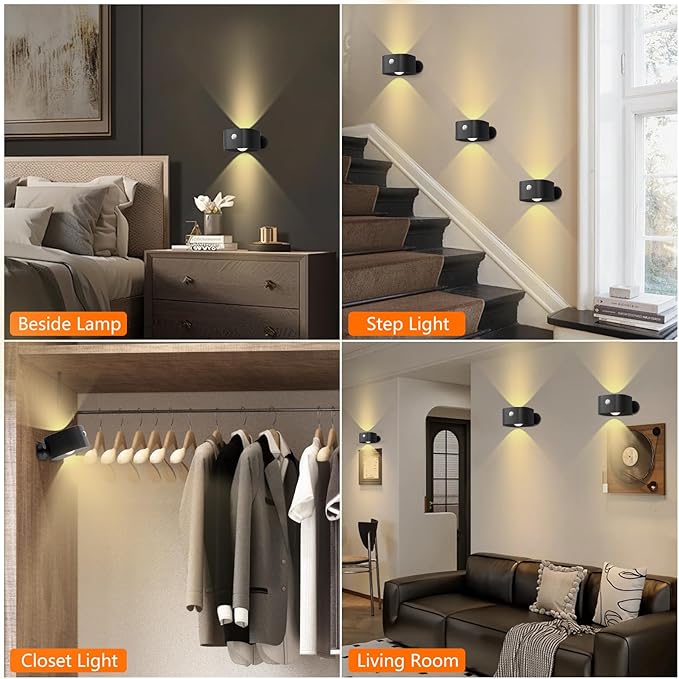 Rechargeable Motion Sensor Wall Light, Wireless Wall Sconce - Magnetic Base, Dimmable 3000K Warm White, 3 Modes (ON/AUTO/Off) for Closet, Stairs, Living Room - Indoor LED Wall Lamp (Black)