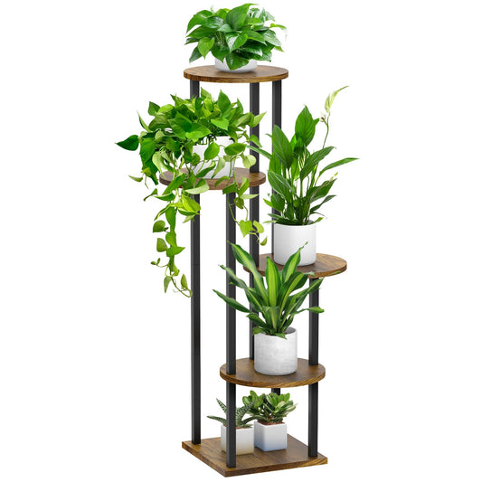 SMFANLIN 5 Tier Plant Stand Indoor, Metal Wooden Tall Plant Shelf Flower Pot Stand for Multiple Plants, Corner Flower Holder Plant Display Rack for Living Room Balcony Patio Garden (Rustic Brown)