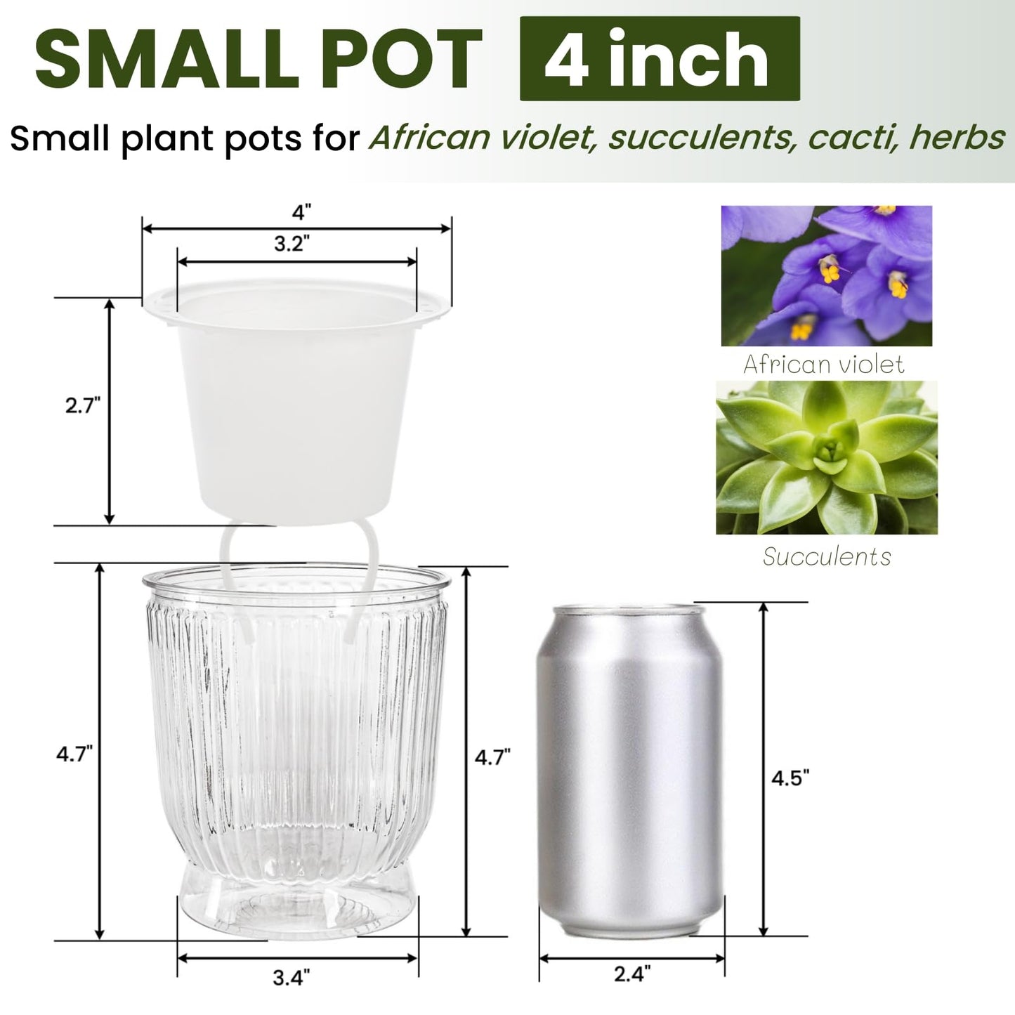 ZOOFOX 10 Pack Self Watering Pots, 4 Inch Small Plant Pots for Indoor Plants, Stripe Plastic Flower Pots for All House Plants, Herbs, Aloe, African Violets, Orchid