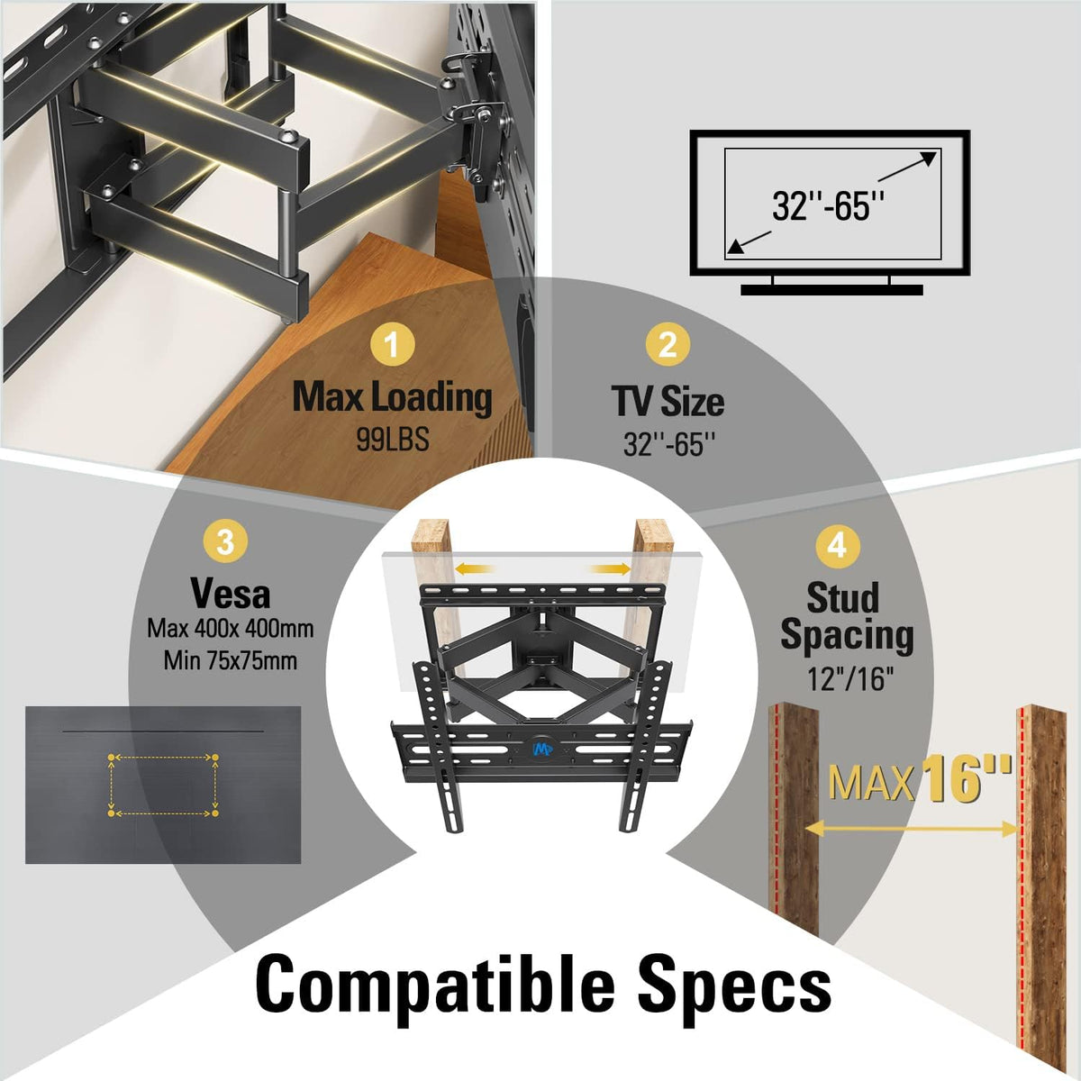 Mounting Dream TV Wall Mount - Full Motion Bracket for 32-65 Inch TVs | Swivel & Tilt, Max VESA 400x400 mm, 99lbs Capacity