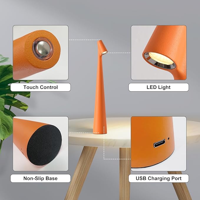 Cordless Small Table Lamps,3 Levels Brightness Portable Desk Lamp,Rechargeable Battery Lights for Outdoor, Restaurant, Bedside, Baby Night Light,Gifts(Orange)