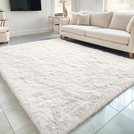 OLANLY 5x12 Machine Washable Large Area Rugs for Living Room, Bedroom, Soft Fluffy Shaggy Bedside Rug, Indoor Floor Carpet for Kids Girls and Boys, Dorms, Nursery, Home Decor Aesthetic, Ivory