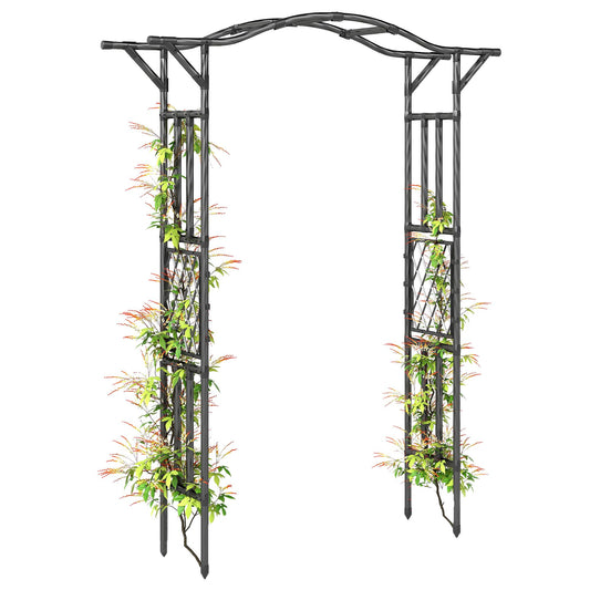 Outsunny Garden Arch, 7.5ft PE-Coated Steel Garden Arch Trellis for Climbing Plants, Arbour Archway with Extended Top for Wedding Ceremony Backyard Lawn Patio, Black