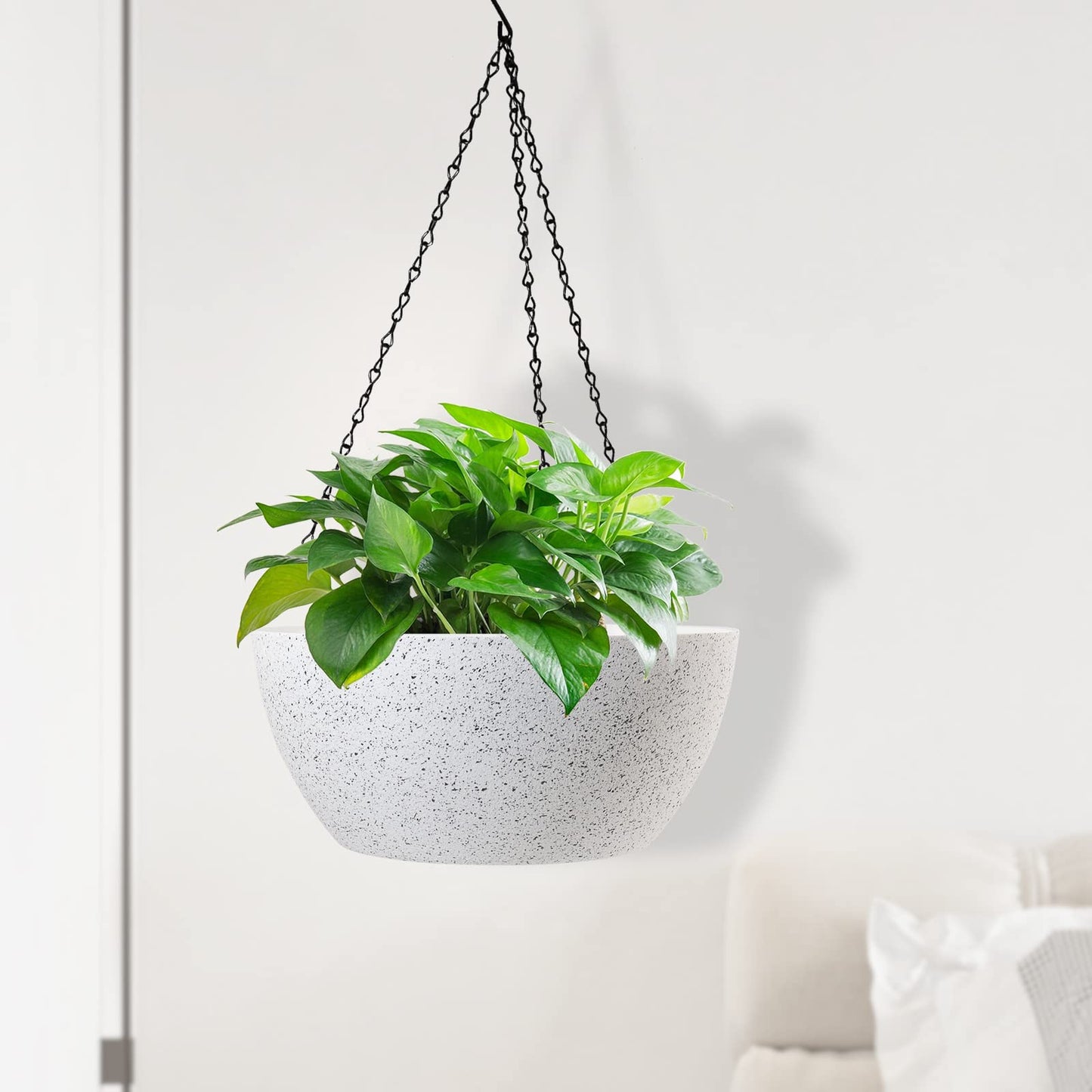 WSMKSZ 13 inch Large Hanging Planters Plant Pots for Outdoor Indoor Plants with Drainage Holes and Chain, 2 Pack Round Hanging Flower Pots for Garden Home Porch Decor, Speckled White
