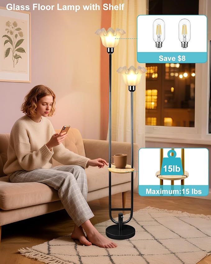 Lightdot Dimmable Flower Floor Lamp for Living Room, Modern Mid Century Floor Lamp with Table, Black Tall Standing Lamp for Bedroom/Sofa Beside/Corner Decor(Bulb Included)