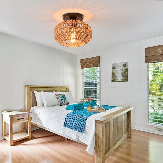 1 Pack Farmhouse Light Fixtures Ceiling Mount,Mini Rattan Boho Semi Flush Mount Ceiling Light,Hand Woven Hallway Light Fixtures for Bedroom Entryway Nursery Study Room