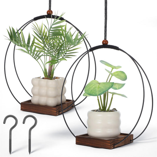 YBEATY 2 Pack Hanging Planters for Indoor Outdoor Plants, 12 Inch Sturdy Wood Base Metal Plant Hanger Modern Boho Minimalist Flower Pot Holder Basket Wall Ceiling Window Stands Home Wall Decor