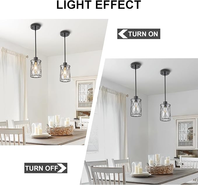 Refice Glass Pendant Lights Kitchen Island, Black Kitchen Hanging Light with Clear Glass, Farmhouse Cage Mini Pendant Lighting for Sink Dining Room Bedroom Bar, 3 Pack