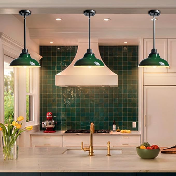 Modern Pendant Light Fixture Retro Dark Green Pendant Lights Kitchen Island Hanging Light Fixture for Dinning Room Bar Kitchen Island (Metal Rod)