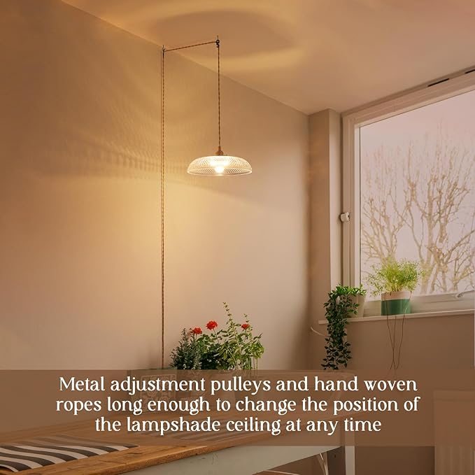 Hanging Light with Plug in Cord,11.8 Inch Plug in Pendant Light for Ceiling Glass Lampshade 14Ft Hanging Lamp Plug in Adjustable Golden Cord On/Off Switch for Bedroom