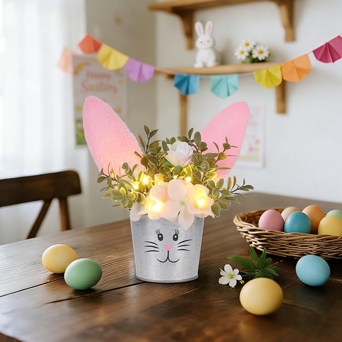 Prsildan Easter Table Decorations Artificial Flower with Bunny Ear, Lighted Desk Decor Bunny Flowers, Easter Tabletop Decorations for Home Table Mantle Office Spring Party