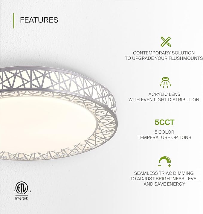 ASD 20 Inch LED Flush Mount Ceiling Light Fixture for Bedroom, 42W 2474LM 5CCT 2700K-5000K, Triac Dimmable Lights, Dining, Living Room, Kitchen Lamps, Modern Home Lighting Fixtures, Nickel, ETL