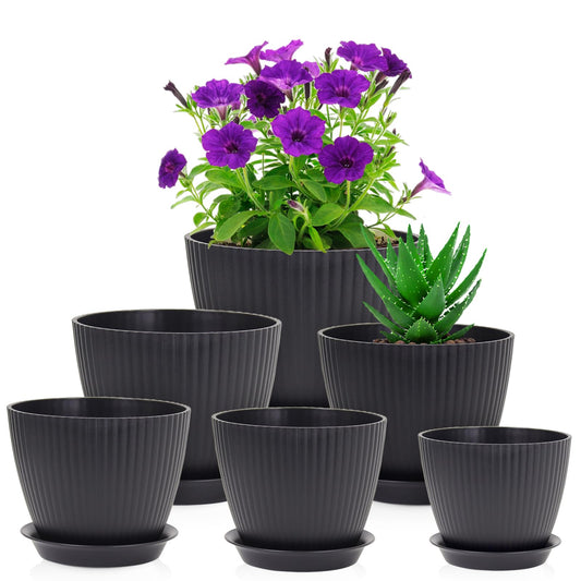 Meowell 7/6.2/5.5/5/4.5/4 inch Flower Pots, 6 Pack Plant Pots for Small Indoor Outdoor Plants, Plastic Planters with Drainage Holes and Saucers for Garden Succulent House Plants, Black