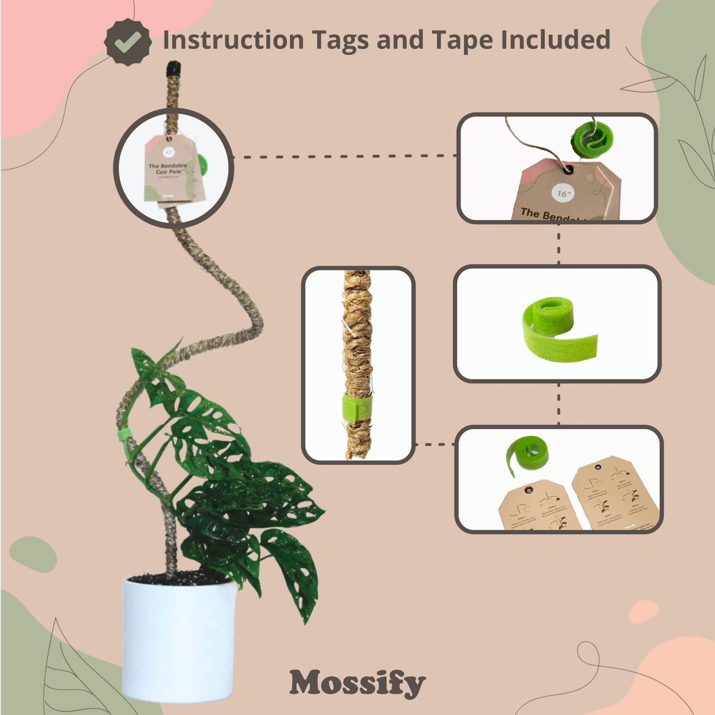 Mossify Bendable Coir Pole for Plants – 42” Premium Manila Coir Moss Pole Monstera Plant Support for Indoor & Outdoor Plant Climbing Support - Comes with Reusable Tape for Durable Plant Pole